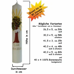 Taufkerze Lebensbaum mit Sonne und Taube, liebevoll von Hand verzierte Taufkerze für Junge oder Mädchen, personalisierb.
