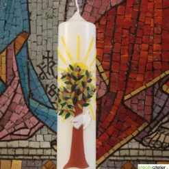 Taufkerze Lebensbaum mit Sonne und Taube, liebevoll von Hand verzierte Taufkerze für Junge oder Mädchen, personalisierb.
