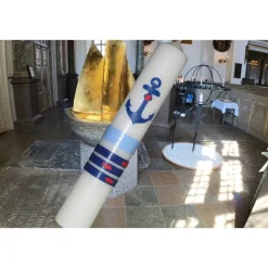 Taufkerze maritim mit Anker und Fischen, liebevoll Hand verzierte Taufkerze für Jungen oder Mädchen, elfenbein