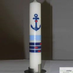 Taufkerze maritim mit Anker und Fischen, liebevoll Hand verzierte Taufkerze für Jungen oder Mädchen, elfenbein