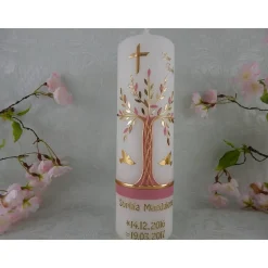 Taufkerze Mädchen Lebensbaum rosa gold Baum des Lebens Regenbogen Namenskette Name Datum Spruch individualisierbar