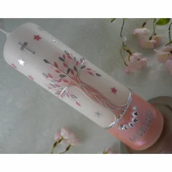 Taufkerze Mädchen Lebensbaum rosa silber Baum des Lebens Schmetterlinge Namenskette Name Datum Spruch individualisierbar