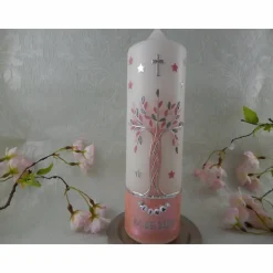 Taufkerze Mädchen Lebensbaum rosa silber Baum des Lebens Schmetterlinge Namenskette Name Datum Spruch individualisierbar