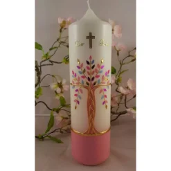 Taufkerze Mädchen Lebensbaum rosa gold Baum des Lebens Regenbogen Namenskette Name Datum Spruch individualisierbar