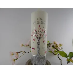 Taufkerze Mädchen Lebensbaum silber rosa Baum des Lebens Regenbogen Namenskette Name Datum Spruch individualisierbar