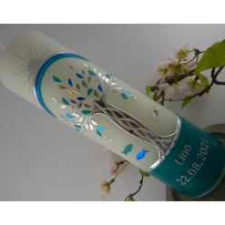 Taufkerze Mädchen Lebensbaum grün silber Baum des Lebens Regenbogen Namenskette Name Datum Spruch individualisierbar