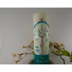 Taufkerze Mädchen Lebensbaum grün silber Baum des Lebens Regenbogen Namenskette Name Datum Spruch individualisierbar