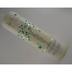 Taufkerze Mädchen Lebensbaum mint silber Baum des Lebens Tauben Kreuz Name Datum Spruch individualisierbar