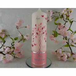 Taufkerze Mädchen Lebensbaum rosa silber Baum des Lebens Schmetterlinge Namenskette Name Datum Spruch individualisierbar
