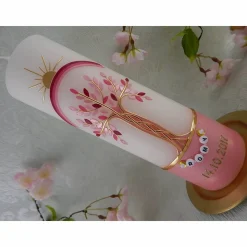 Taufkerze Mädchen Lebensbaum rosa gold Baum des Lebens Regenbogen Namenskette Name Datum Spruch individualisierbar