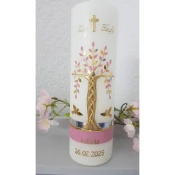 Taufkerze Mädchen Lebensbaum rosa gold silberBaum des Lebens Regenbogen Namenskette Name Datum Spruch individualisierbar