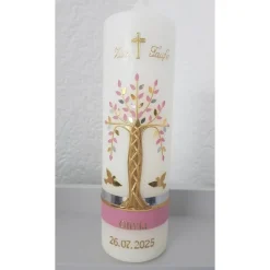 Taufkerze Mädchen Lebensbaum rosa gold silberBaum des Lebens Regenbogen Namenskette Name Datum Spruch individualisierbar