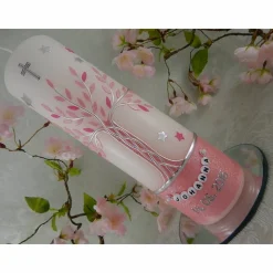Taufkerze Mädchen Lebensbaum rosa silber Baum des Lebens Sterne Namenskette Name Datum Spruch individualisierbar