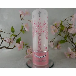 Taufkerze Mädchen Lebensbaum rosa silber Baum des Lebens Sterne Namenskette Name Datum Spruch individualisierbar