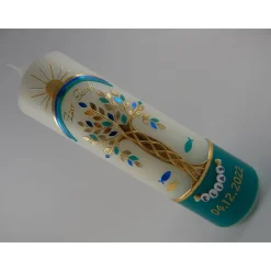 Taufkerze Mädchen Lebensbaum grün gold Baum des Lebens Regenbogen Namenskette Name Datum Spruch individualisierbar