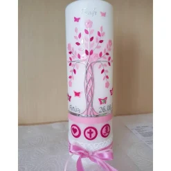Taufkerze Mädchen Lebensbaum rosa silber Baum des Lebens Taufsymbole Schleife Name Datum Spruch individualisierbar
