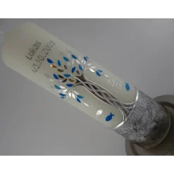 Taufkerze Mädchen Lebensbaum silber blau Baum des Lebens Regenbogen Namenskette Name Datum Spruch individualisierbar
