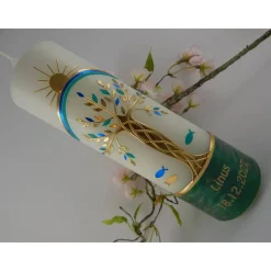 Taufkerze Mädchen Lebensbaum grün gold Baum des Lebens Regenbogen Namenskette Name Datum Spruch individualisierbar