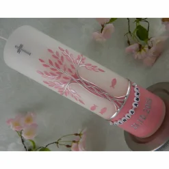 Taufkerze Mädchen Lebensbaum rosa silber Baum des Lebens Fische Namenskette Name Datum Spruch individualisierbar