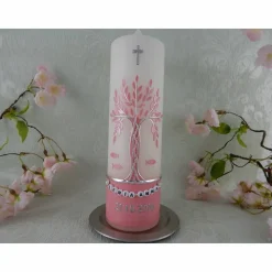 Taufkerze Mädchen Lebensbaum rosa silber Baum des Lebens Fische Namenskette Name Datum Spruch individualisierbar