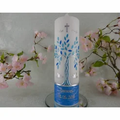 Taufkerze Mädchen Lebensbaum blau silber Baum des Lebens Tauben Kreuz Name Datum Spruch individualisierbar
