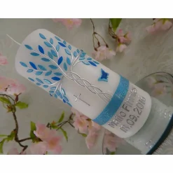 Taufkerze Mädchen Lebensbaum blau silber Baum des Lebens Tauben Kreuz Name Datum Spruch individualisierbar