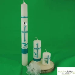 Taufkerze mit byzantinischem Kreuz, Taube und Fischen in elfenbein, Taufkerze für Jungen oder Mädchen, personalisierbar