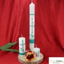 Taufkerze mit byzantinischem Kreuz, Taube und Fischen in elfenbein, Taufkerze für Jungen oder Mädchen, personalisierbar