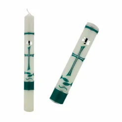 Taufkerze mit byzantinischem Kreuz, Taube und Fischen in elfenbein, Taufkerze für Jungen oder Mädchen, personalisierbar