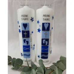 Taufkerze mit christlichen Symbolen in verschiedenen Blautönen - Zwillinge oder einzeln - personalisiert inkl. Aufbewahr