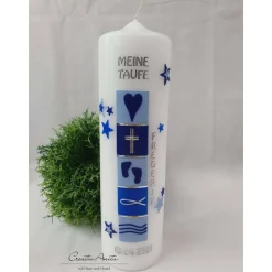 Taufkerze mit christlichen Symbolen in verschiedenen Blautönen - Zwillinge oder einzeln - personalisiert inkl. Aufbewahr