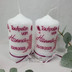 Taufkerze mit Herzen, Schmetterlinge und Engel - Altrosa-Beere - personalisiert