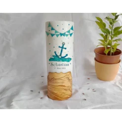 Taufkerze mit Holz Design Anker Meer