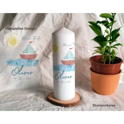 Taufkerze mit Holz Design Segelboot