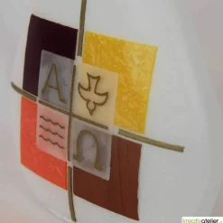 Taufkerze mit Kreuz und den Symbolen Welle, Taube, Alpha, Omega auf 4 Kacheln, besondere Form, für Jungen oder Mädchen