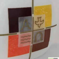 Taufkerze mit Kreuz und den Symbolen Welle, Taube, Alpha, Omega auf 4 Kacheln, besondere Form, für Jungen oder Mädchen