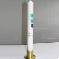 Taufkerze mit Kreuz und den christlichen Symbolen Herz, Wasser und Fisch in gold auf 3 Kacheln, handverziert, elfenbein