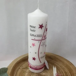 Taufkerze mit Sternen - Rosa-Beere - personalisiert