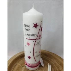 Taufkerze mit Sternen - Rosa-Beere - personalisiert
