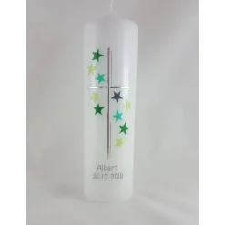 Taufkerze mit Sternen grün / grau, für Jungs und Mädchen
