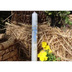 Taufkerze mit zweifarbigem Kreuz, Blumenranke, Taube und Bibel, personalisierbar, Taufe Jungen, Taufkerze Mädchen