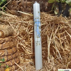 Taufkerze mit zweifarbigem Kreuz, Blumenranke, Taube und Bibel, personalisierbar, Taufe Jungen, Taufkerze Mädchen