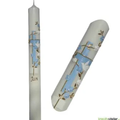 Taufkerze mit zweifarbigem Kreuz, Blumenranke, Taube und Bibel, personalisierbar, Taufe Jungen, Taufkerze Mädchen
