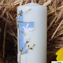 Taufkerze mit zweifarbigem Kreuz, Blumenranke, Taube und Bibel, personalisierbar