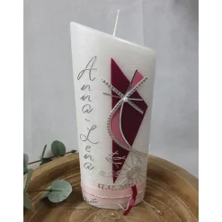 Taufkerze Perlmutt geriffelt - Ellipse abgeschrägt Beere-Altrosa oder Wunschfarbe