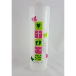 Taufkerze pink, hellgrün, Schmetterlinge