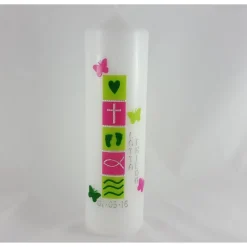 Taufkerze pink, hellgrün, Schmetterlinge