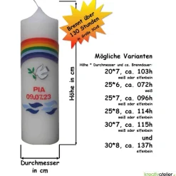 Taufkerze Regenbogen, Taube und Wellen, wunderschöne handverzierte Taufkerze für Jungen oder Mädchen, personalisierbar