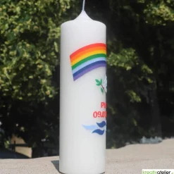 Taufkerze Regenbogen, Taube und Wellen, wunderschöne handverzierte Taufkerze für Jungen oder Mädchen, personalisierbar