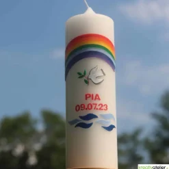 Taufkerze Regenbogen, Taube und Wellen, wunderschöne handverzierte Taufkerze für Jungen oder Mädchen, personalisierbar